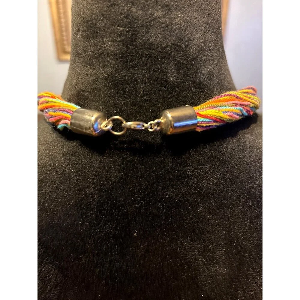 Handcrafted Rainbow Colors Statement Necklace Circular Pendant Boho Hippie Artsy